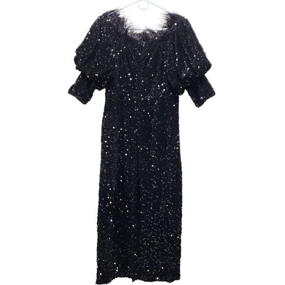 Vintage Black Sequined Dress With Puff Sleeves & Feather Trim Size XL - Picture 2 of 10
